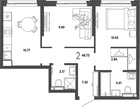 Планировка 2-к, 48,73 м² в ЖК Страна.Энтузиастов